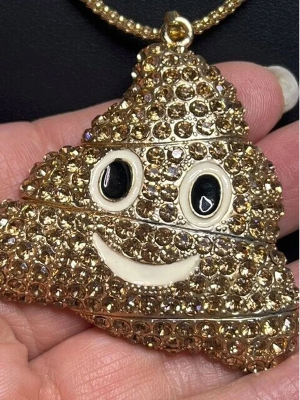 B6652 Betsey Johnson Poop Emoji Pendant Necklace Rhinestone Gold Tone 24